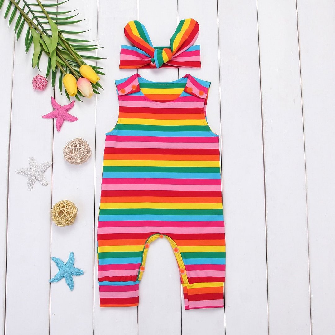 2018 Brand New Cute Infant Toddler Newborn Baby Girls Jumpsuit Romper Headband 2Pcs Rainbow Sleeveless Outfits Colorful Clothes