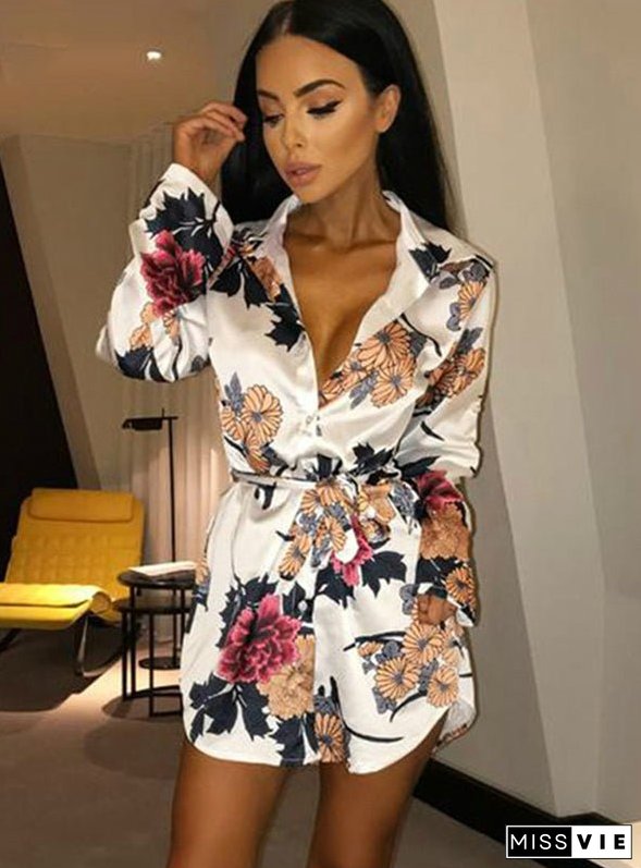 Floral Print Notched Dress Women Summer Long Sleeve Sexy Split