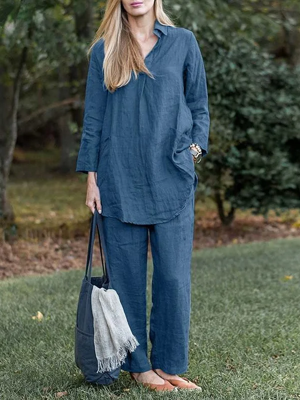 Cotton linen lapel long-sleeved shirt elastic waist trousers two-piece set