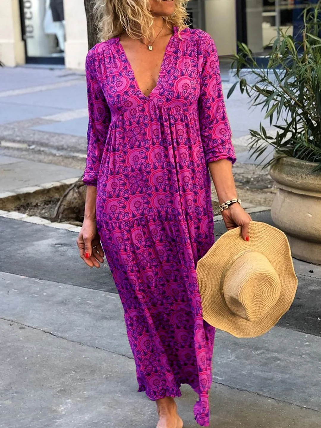 V Neck Boho Floral-Print Summer Dress