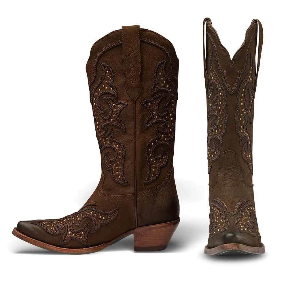 Brown Vegan Leather Chunky Heel Studded Cowgirl Boots with Embroidery