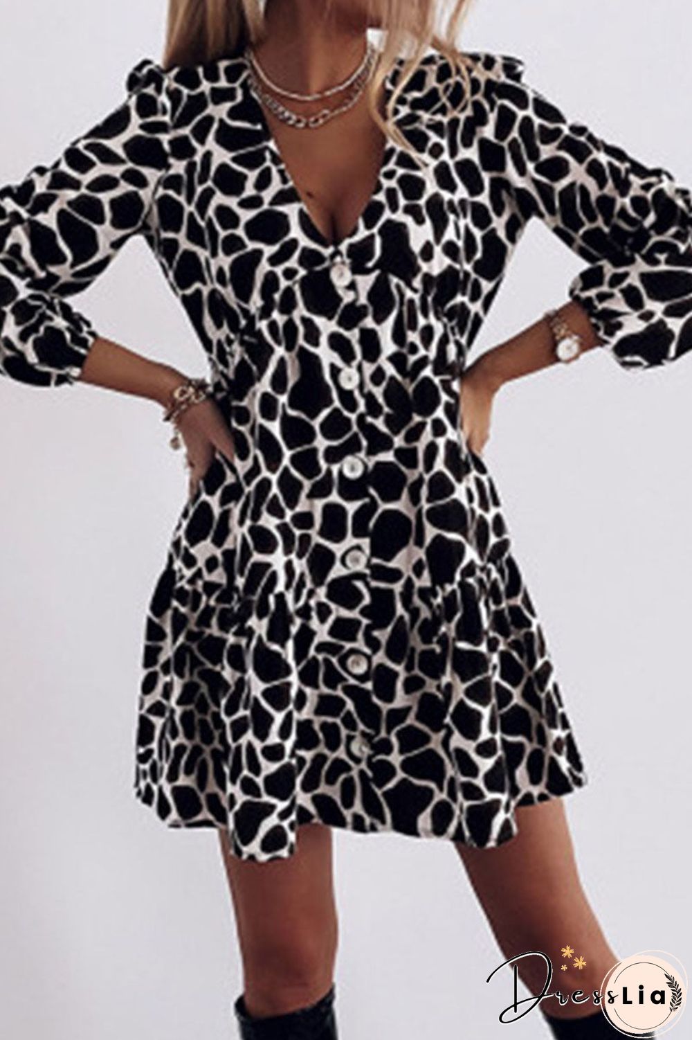 Fashion Casual Print Split Joint V Neck A Line Dresses(3 Colors)