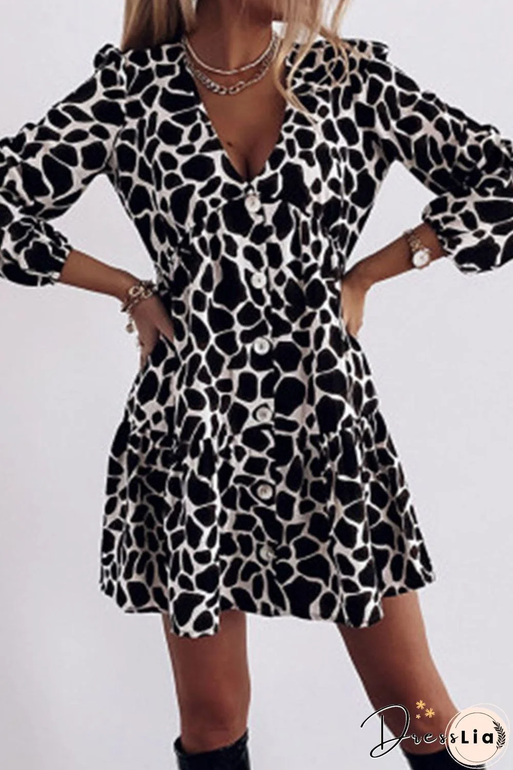 Fashion Casual Print Split Joint V Neck A Line Dresses(3 Colors)