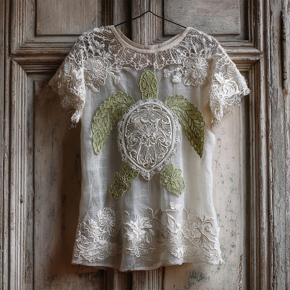 Retro Sea ​​turtle Lace Embroidered Cozy Linen T Shirt wearshes