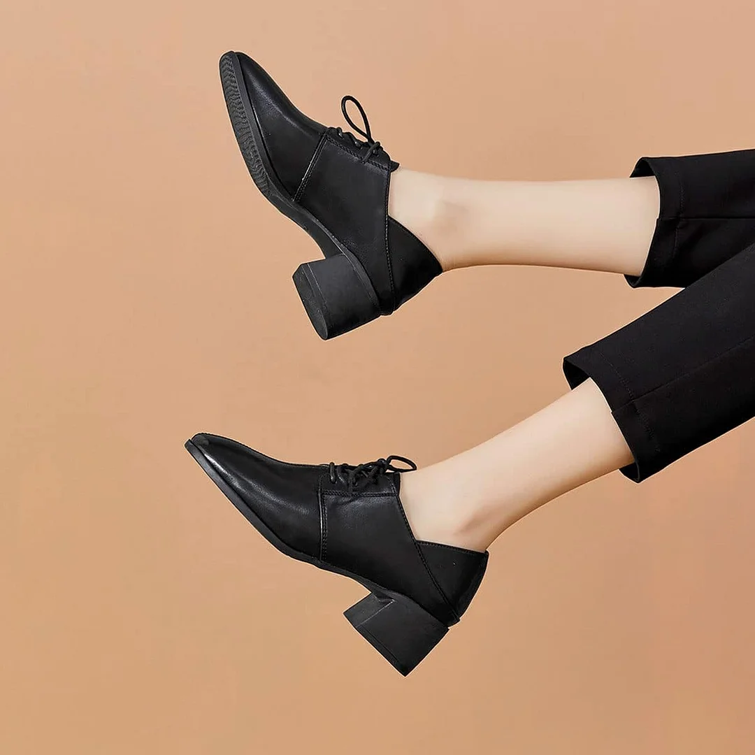 Casual Black Square Toe Block Heel Lace Up Women's Oxfords