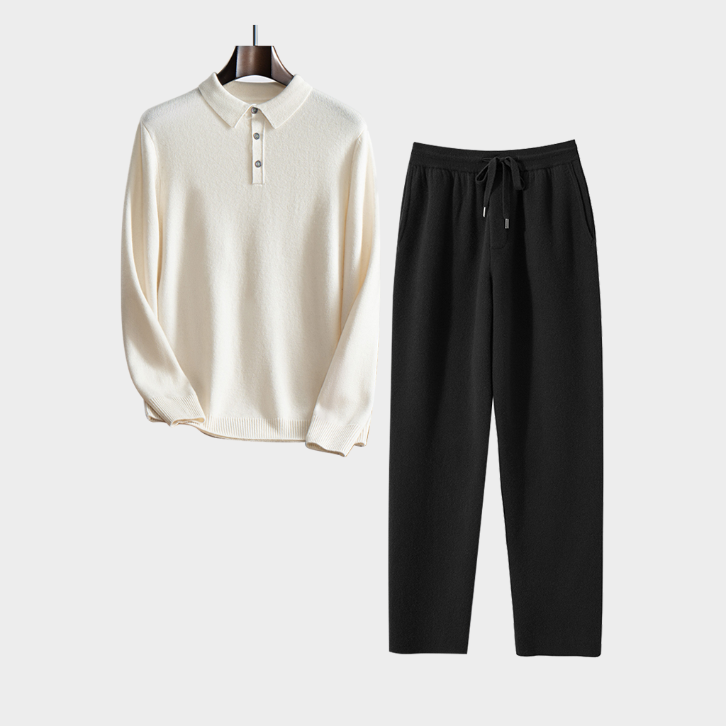 Men's Cashmere Polo Shirt and Pants Set | Classic Casual Knitwear REAL SILK LIFE