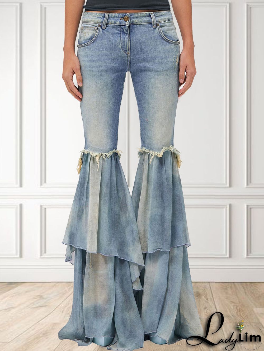 Fashion Light Washed Tassel Flare Leg Spliced Layered Ruffle Pants