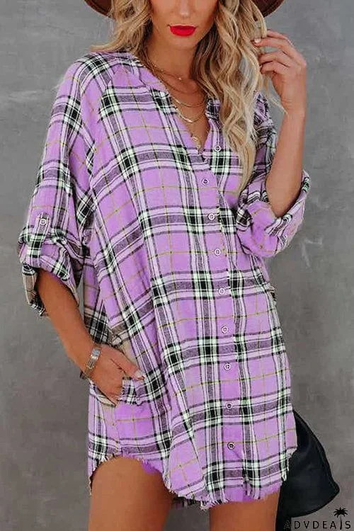 Fashion Check Long Sleeve V-Neck Shirt Dress