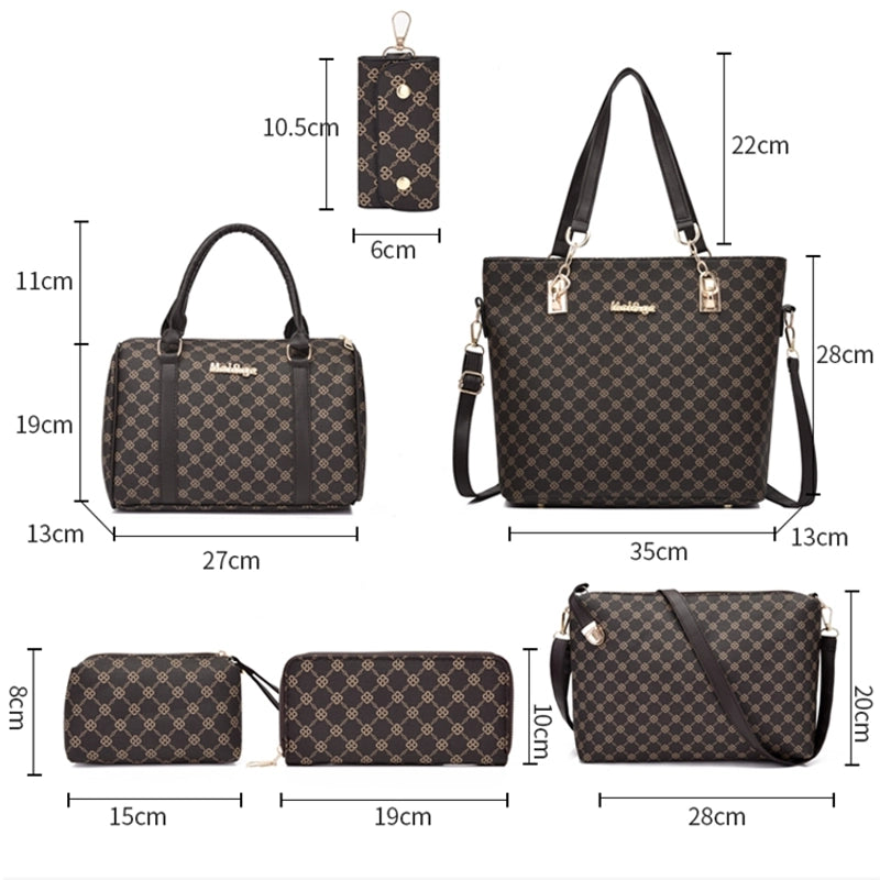 New Large Capacity Bag Six-piece Printed Handbag Black Shoulder Bag Crossbody Bag Mother Bag
