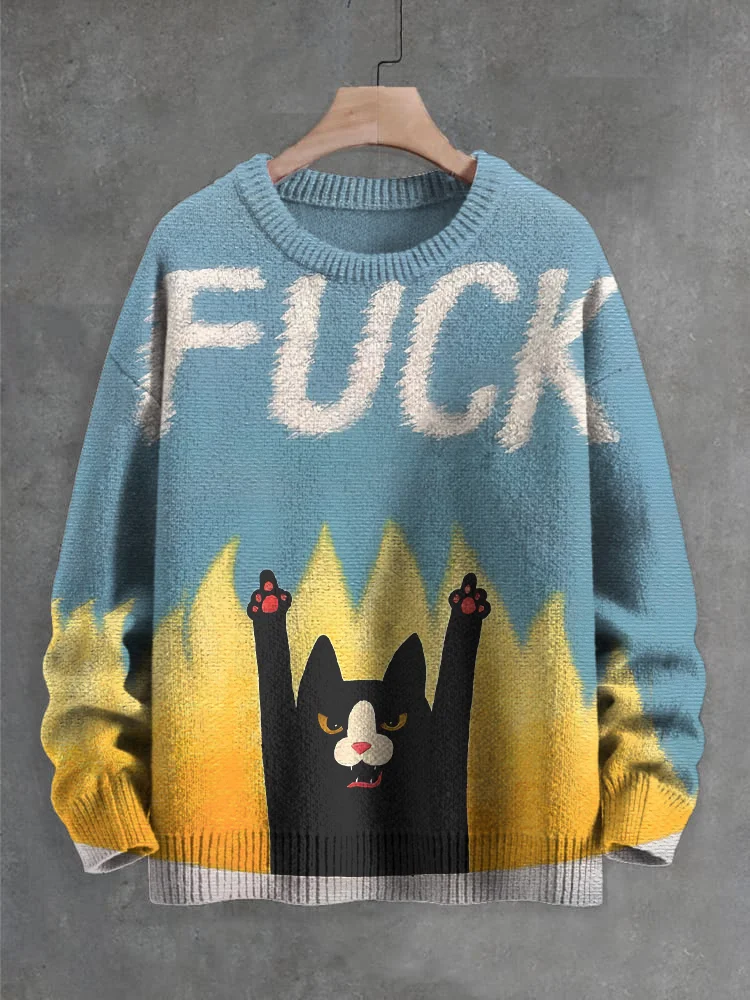 Men's Funny Cat Slogan Art Print Knit Sweatshirt