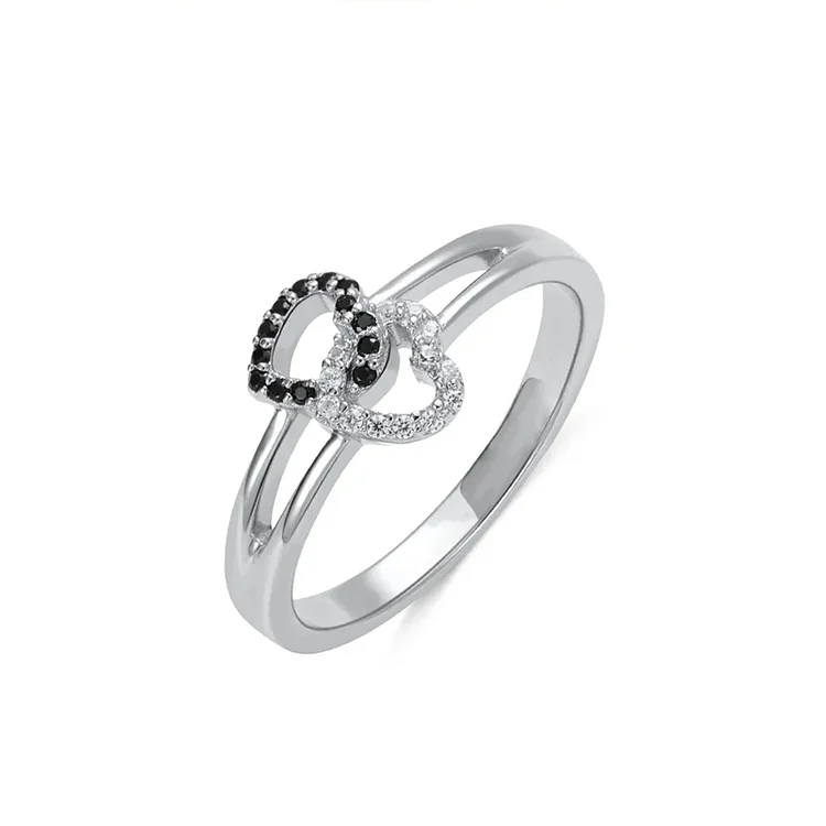 Mother and Daughter Forever Linked Together Black Diamond Double Heart Ring