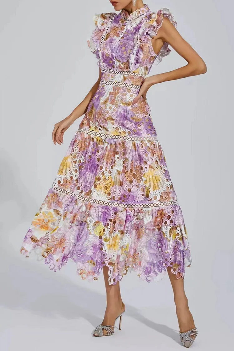 Ruffled Sleeveless Multicolor Print Hollow Out A-Line Midi Dresses-Orange
