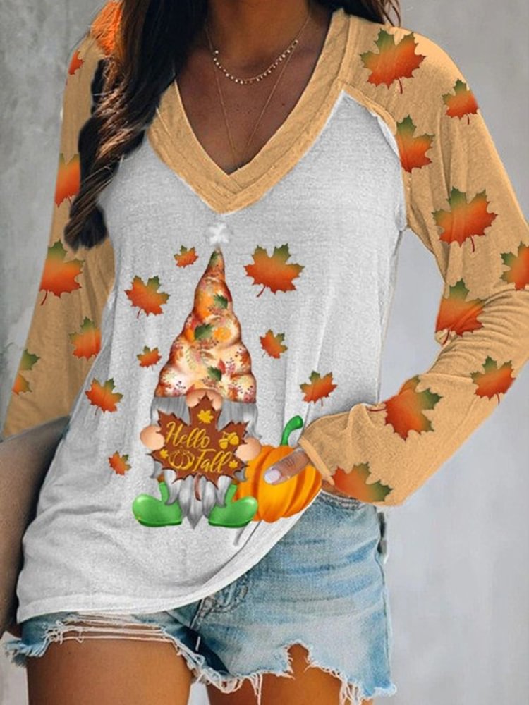 Vefave Hello Fall Maple Gnome Pumpkin Print T Shirt
