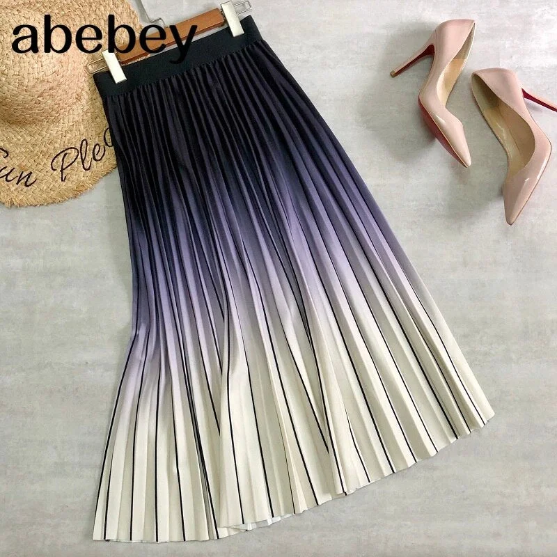 Women Midi Skirts Gradient Color Striped Printing Pink Long Skirt High Waist Korean Casual Style A-line Girls Daily Outwear
