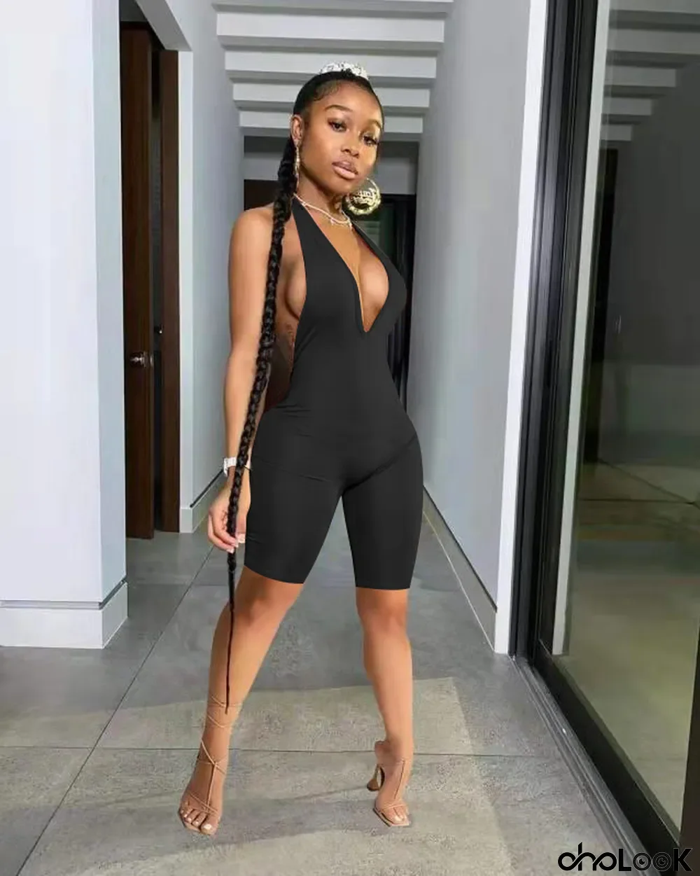 Women Sexy Deep V Solid Color Sleeveless Shorts Jumpsuit