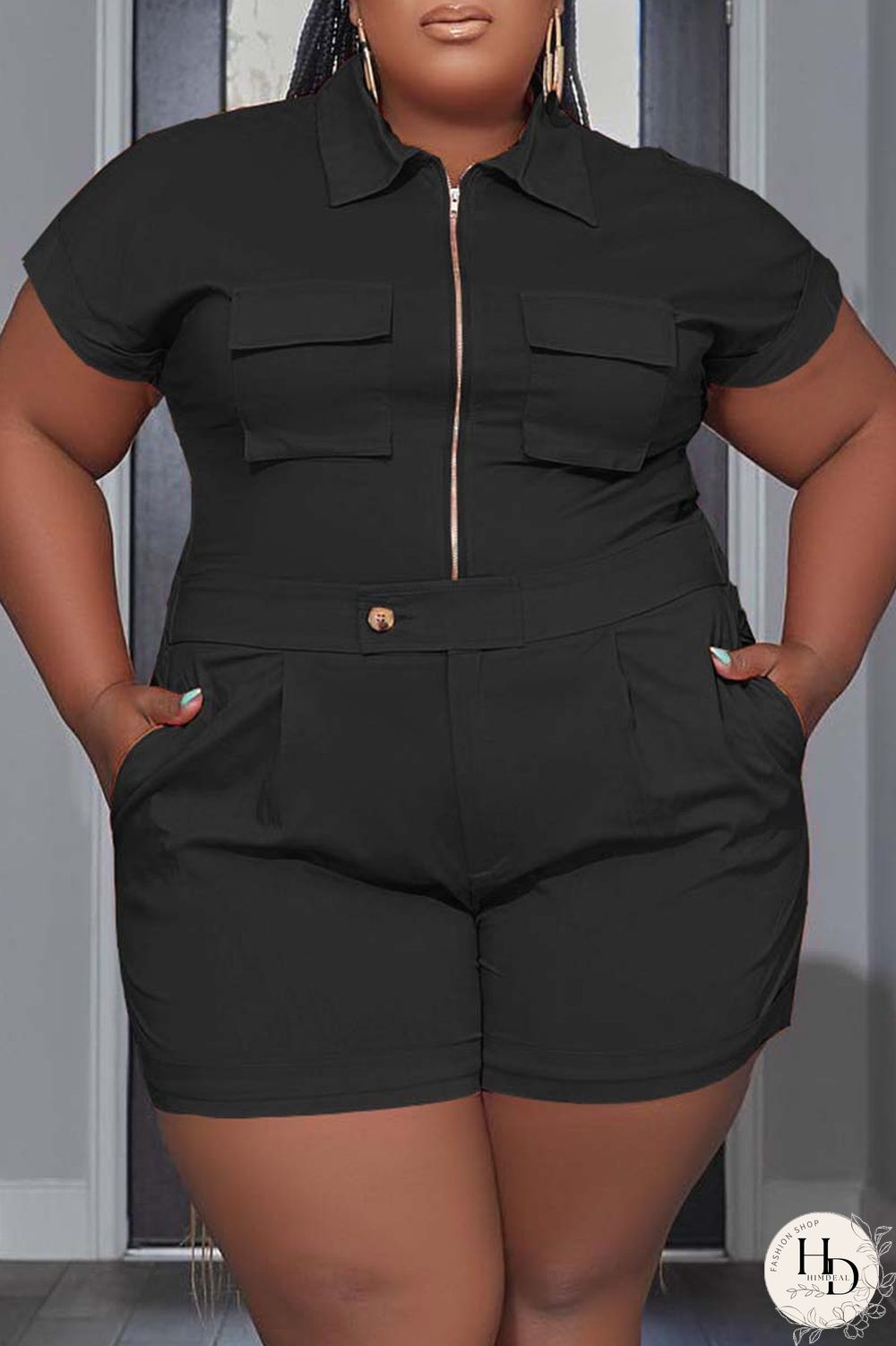 Black Casual Solid Patchwork Turndown Collar Plus Size Two Pieces