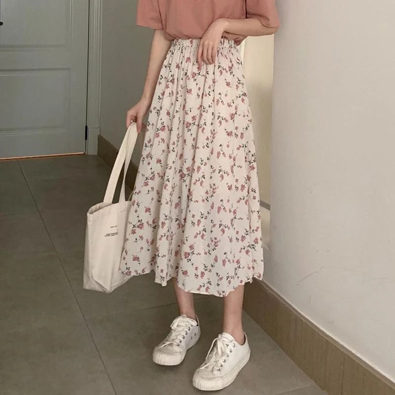 Skirt Women Vintage Clothes Long Skirts Harajuku Tender Temperament Streetwear Stylish Spring Summer Elastic Waist Ulzzang