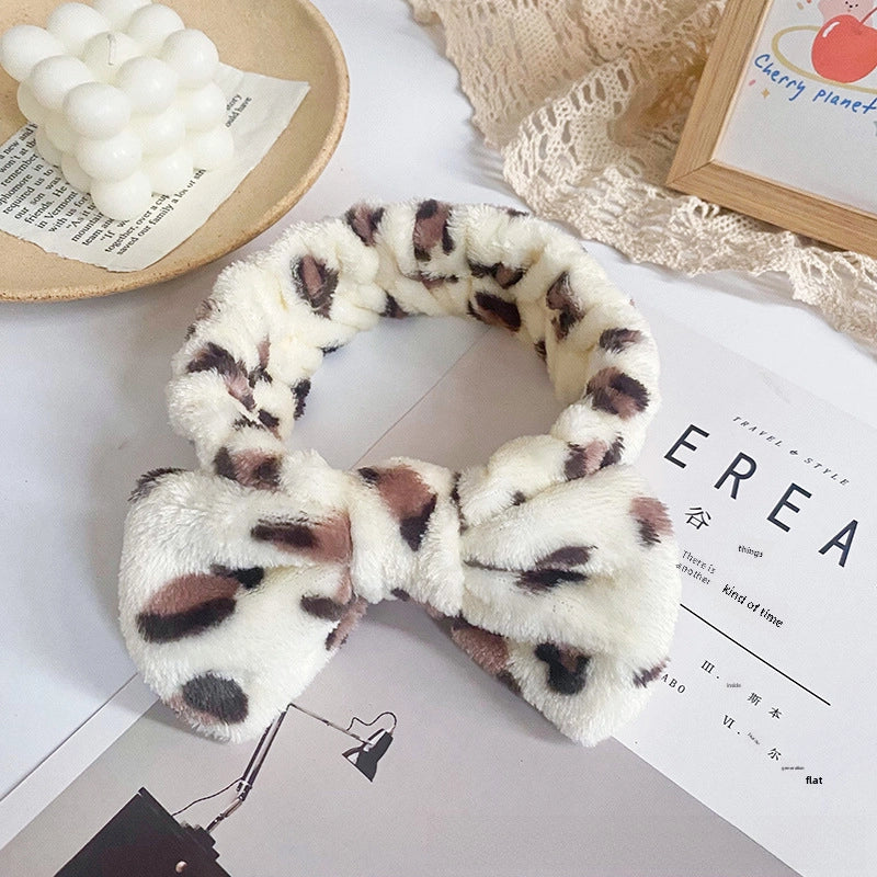 Leopard Stripe Bow Hair Band Women’s Face Washing Sports Hair Band Coral Fleece Hair Accessories