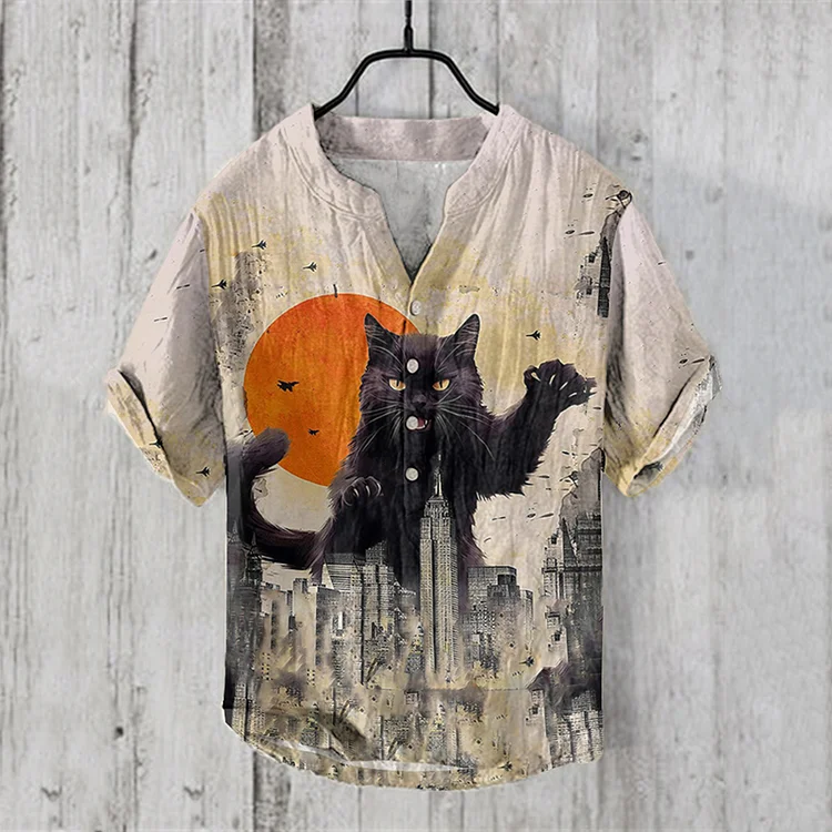Abstract Creative Fighting Catzilla In The City Pattern Print Linen Blend Shirt