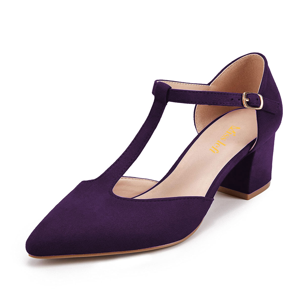 Purple Vegan Suede Buckle Pointed Toe Block Heel Pumps with T-Strap Nicepairs