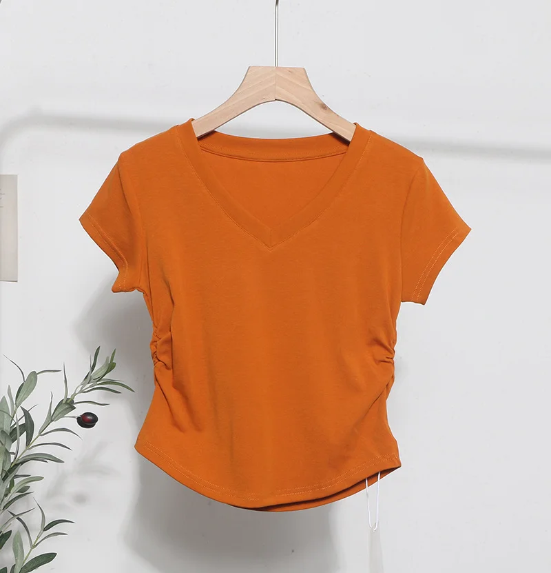 Uveng Recommended For The Summer V-Neck Front Shoulder Short-Sleeved T-Shirt For Girls Slimming Hottie Drawstring Irregular Top 2899