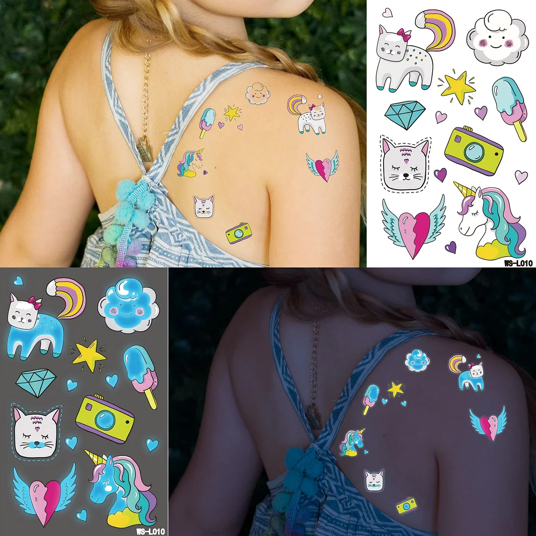 Sdrawing Glow In The Dark Temporary Tattoos For Kids Boys Kids Fake Luminous Tattoo Flash Animal Cartoon Party Favor Set Glowing Zoo