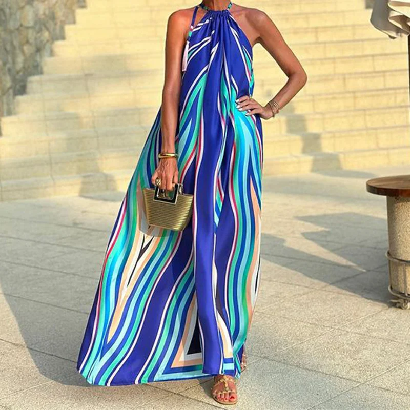 Woherb Woherb 2024 Summer New Women's Fashion Print Hanging Neck Bohemian Medium Long Beach Dress-Outfit Ideas