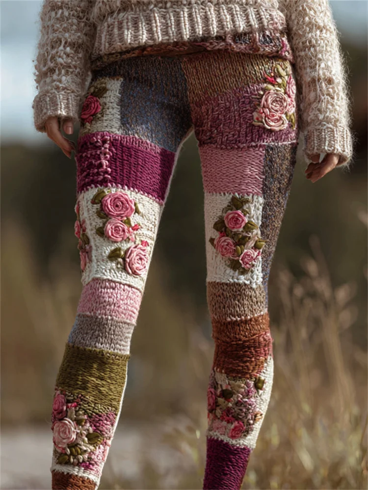 Vintage Pink Roses Colorblock Patchwork Cozy Knit Leggings