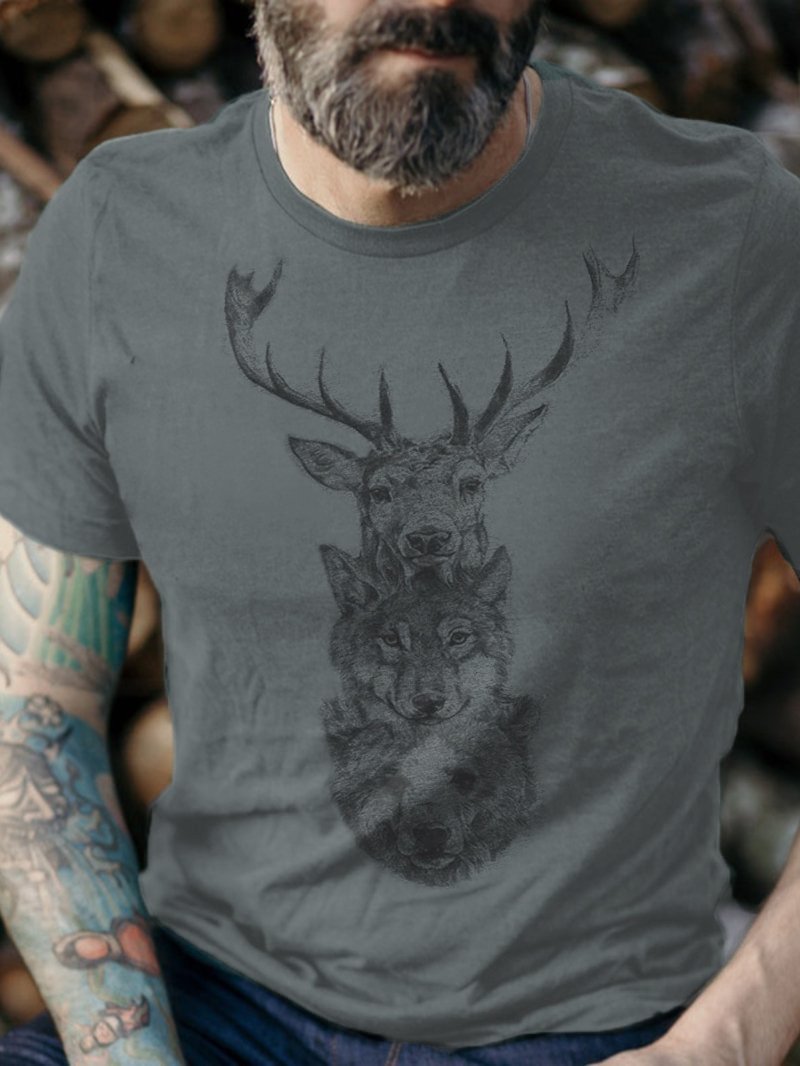 Wolf Deer Printed Outdoor Men's T-Shirt in  mildstyles