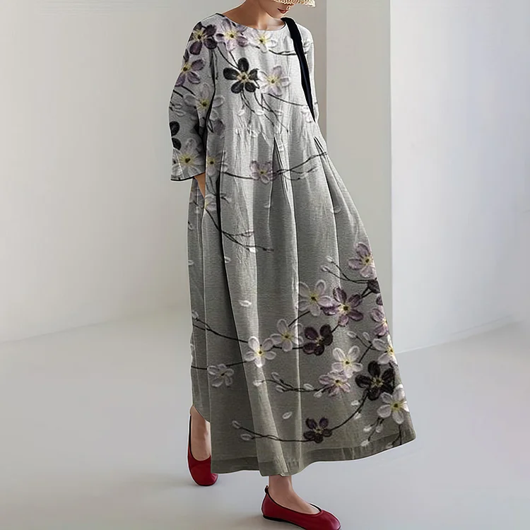 VChics Japanese Art Flower Print Loose Midi Dress