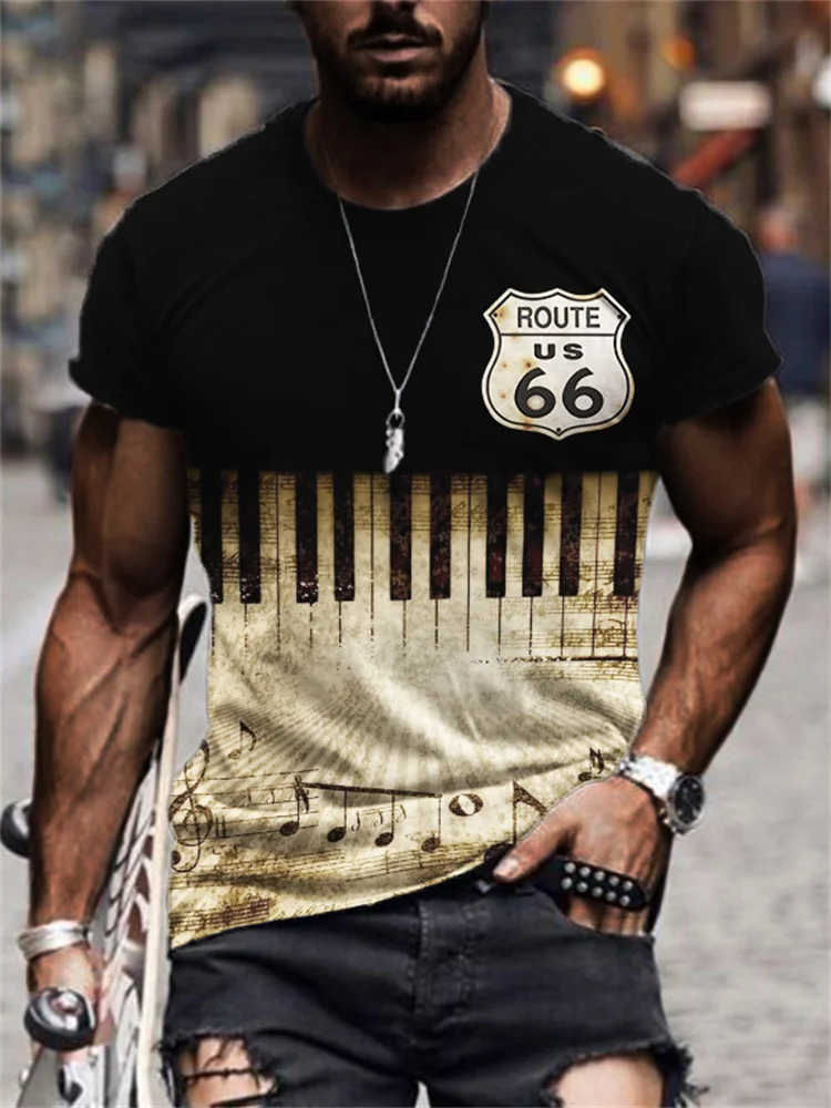 BrosWear Men's Route 66 Music Notes Piano Inspired T Shirt