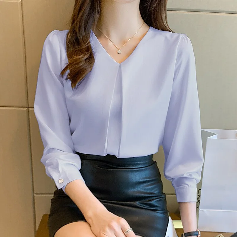 Long Sleeve V-Neck Blouse Women Blusas Mujer De Moda 2023 Office Lady White Chiffon Blouse Shirt Women Tops Blouses Shirts G175