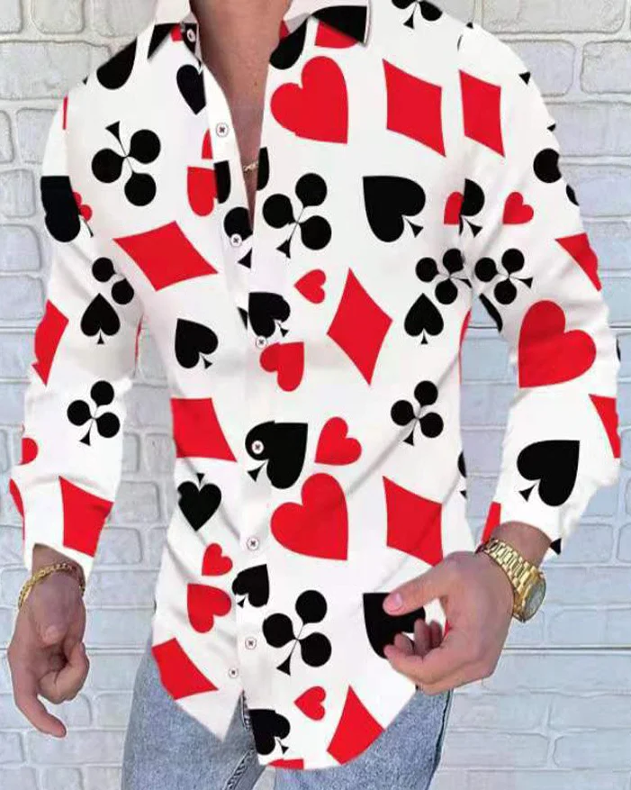 Suitmens Men's Poker Pattern Long Sleeve Shirt 050