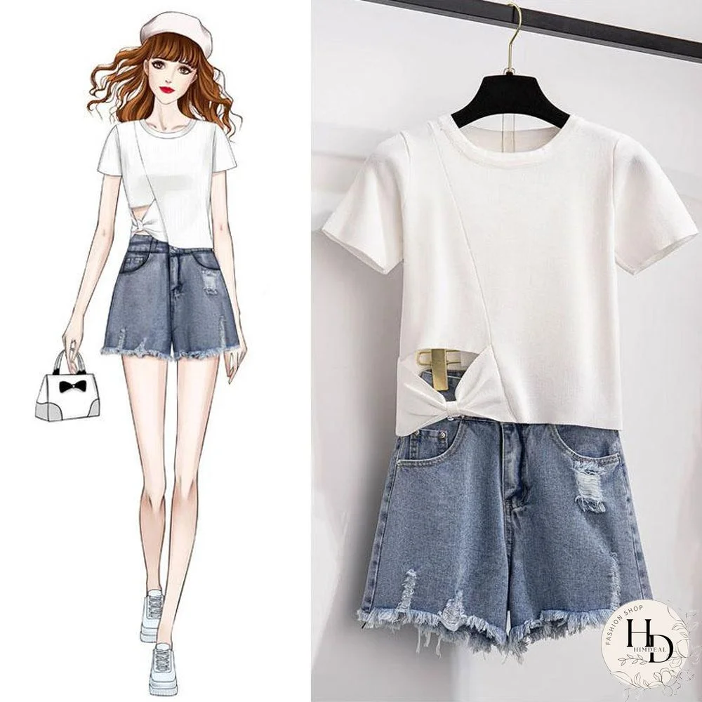 Solid Color Tee+Denim Shorts P15084