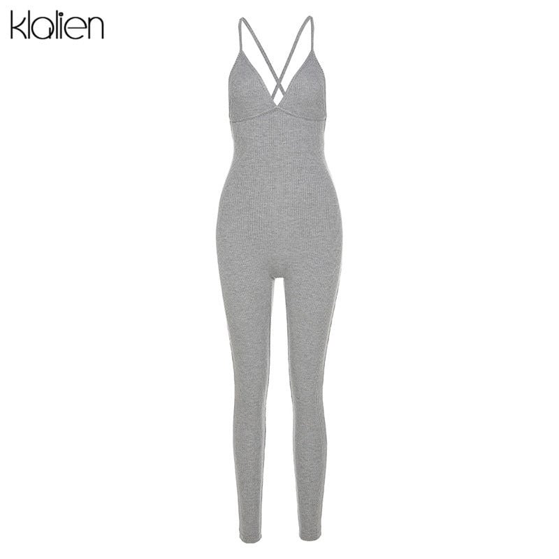 KLALIEN Summer Casual Sport Fitness Streetwear Female Jumpsuit Sexy V Neck Backless Skinny Elastic Jumpsuit Women Yoga Outfit