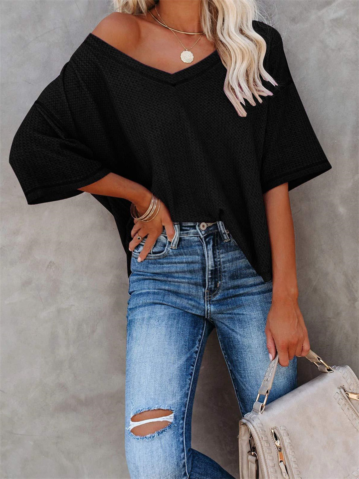 V-neck Bat Sleeve Waffle Knit Loose Solid Color Short-sleeved T-shirt Tops for Women