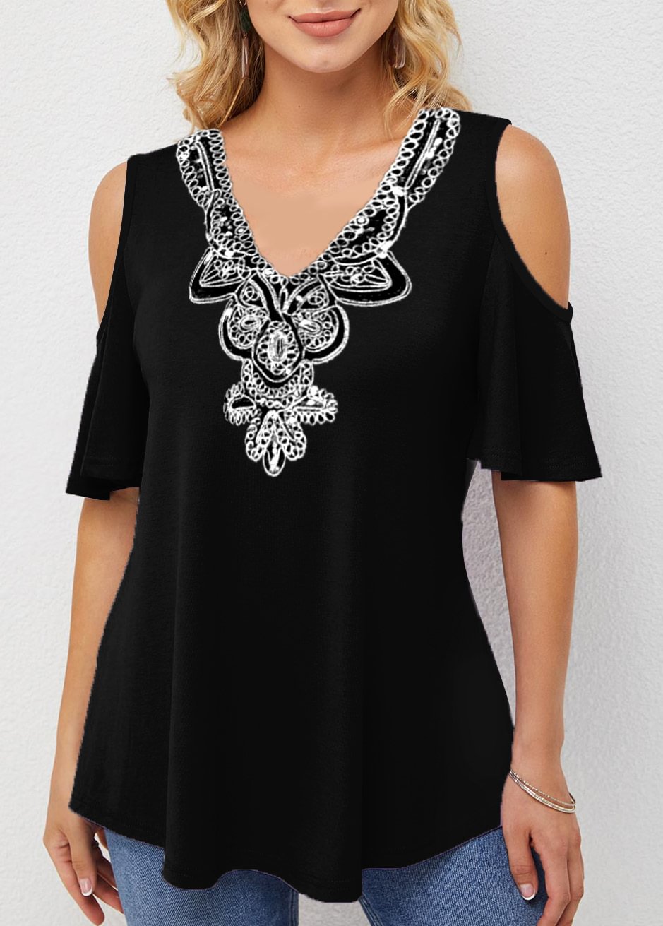 Cold Shoulder Embellished Neck Half Sleeve T Shirt
