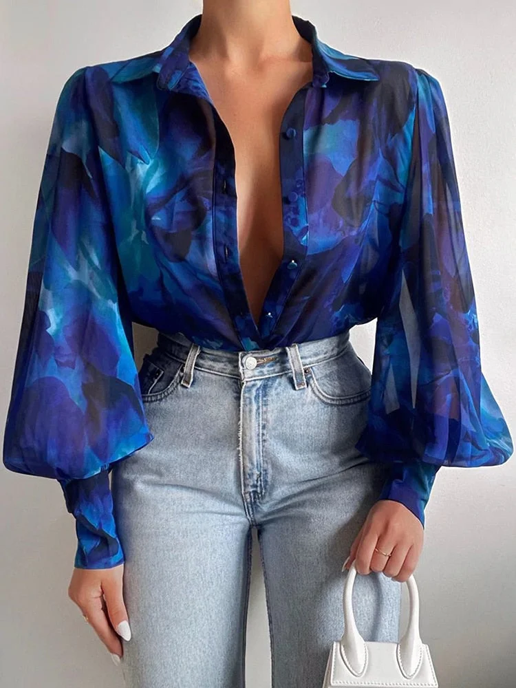 Back to school  Women Elegant Floral Print Puff Long Sleeve V Neck Blouse Spring Summer Office Button Luxury Shirt Vintage Oversized Tops Tunics