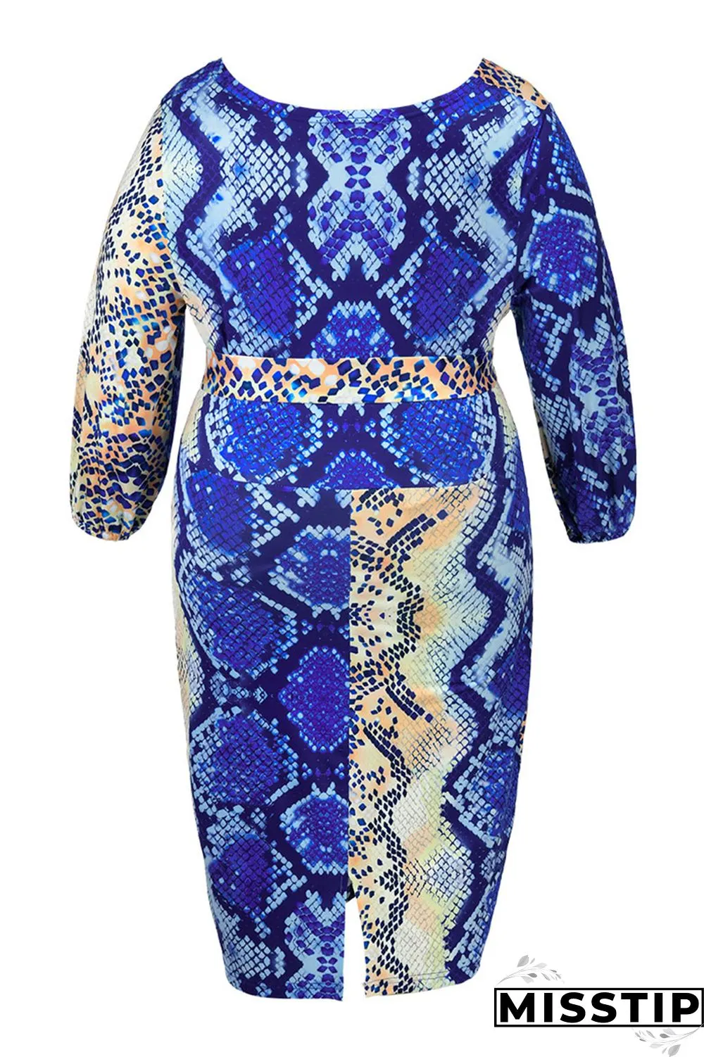 Blue Sexy Print With Belt V Neck Straight Plus Size Dresses