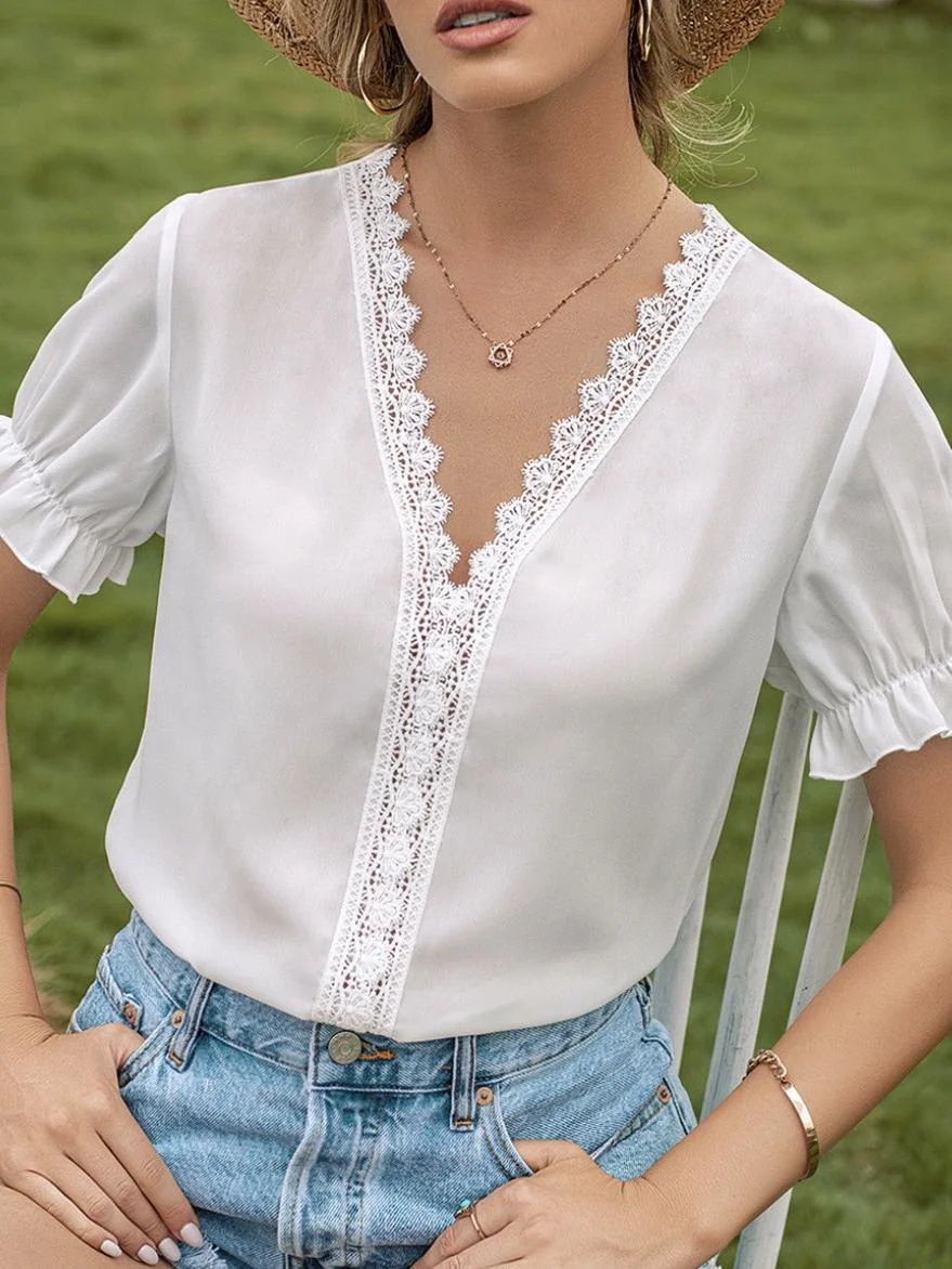 Lace V Neck Bubble Sleeve Shirt