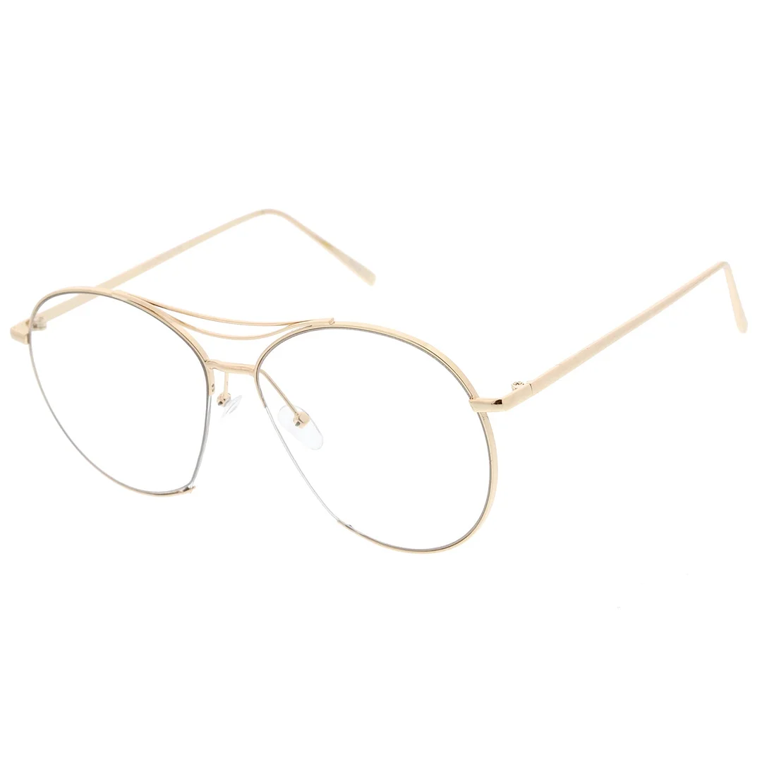 Oversize Semi-Rimless Brow Bar Round Clear Flat Lens Aviator Eyeglasses 59mm