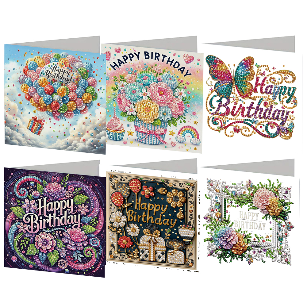6pcs Diamond Art Cards DIY Handmade Diamond Painting Gift Card (Birthday)