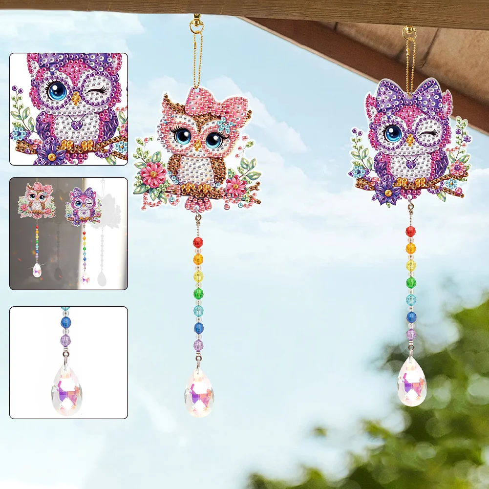 2Pcs 5D DIY Diamond Painting Sun Catcher Crystal Painting Ornaments (Owl)