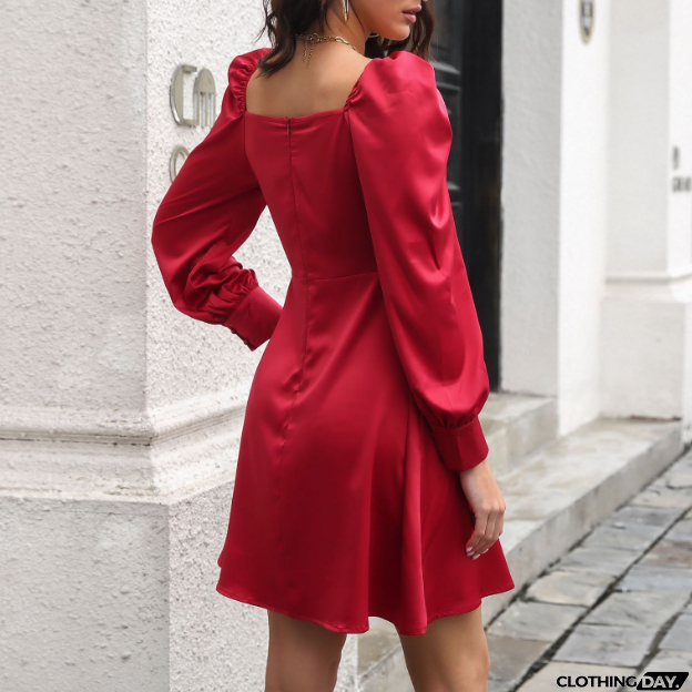 Elegant Solid Color Puff Sleeve Long Sleeve High Waist Dress