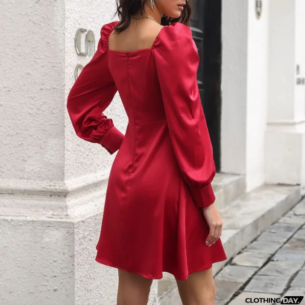 Elegant Solid Color Puff Sleeve Long Sleeve High Waist Dress