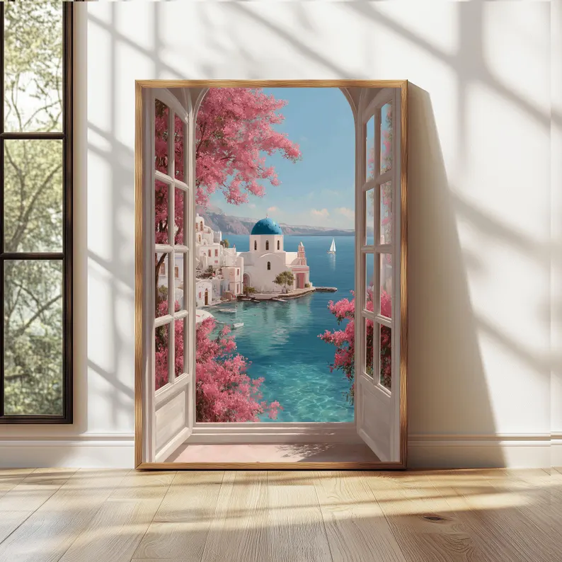 Bougainvillea Window Sea View Canvas Wall Art
