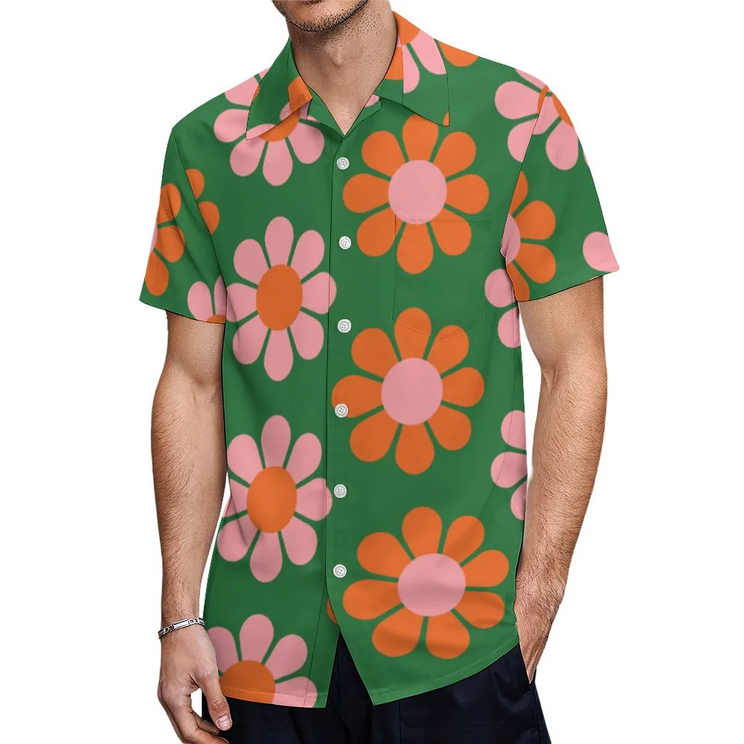 Green Orange Pink Colorful Retro Sunflower Hawaiian Shirt Mens Button Down Plus Size Tropical Hawaii Beach Shirts