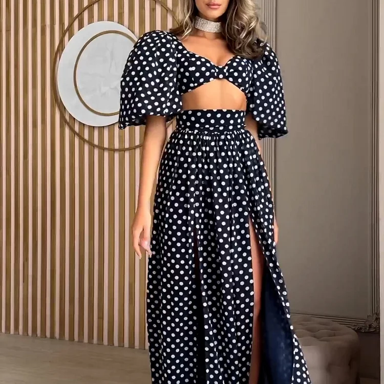 Square Neck Puff Sleeve Top High Waist Slit Polka Dot Print Skirt Suit