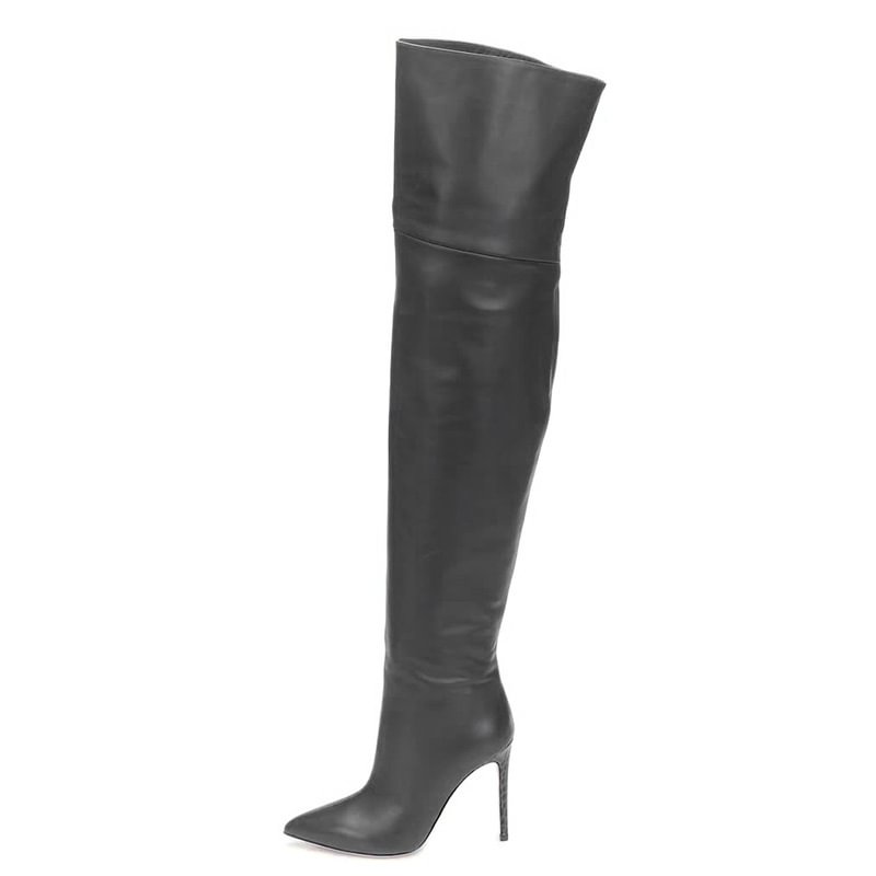Women's Black Plus Size Fashion Sexy Stiletto High Heel Crocodile Print Mid-Tube Over The Knee High Boots Novameme