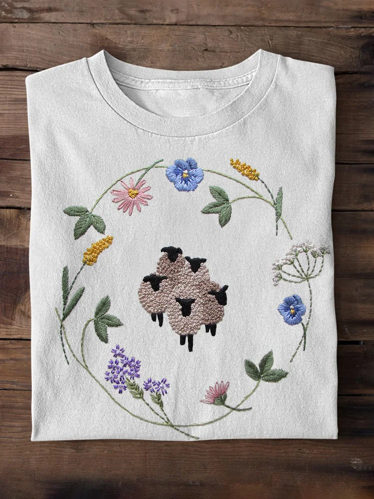 VChics Sheep & Floral Embroidery Pattern Cozy Short Sleeve T-Shirt
